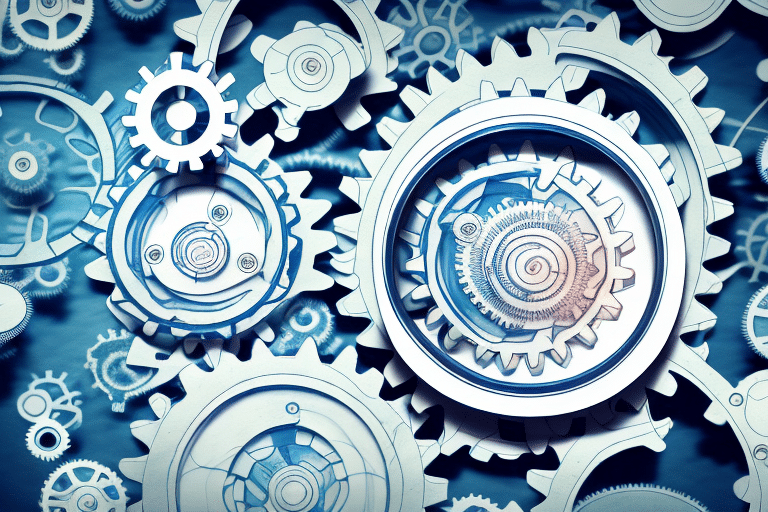 A magnifying glass inspecting a complex system of gears and cogs