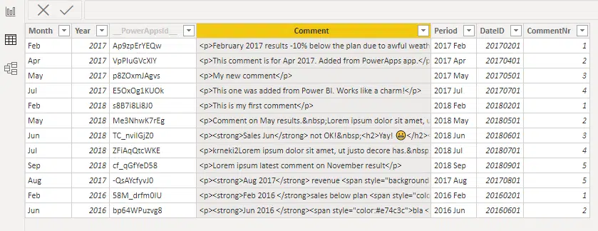 comments table in Power BI