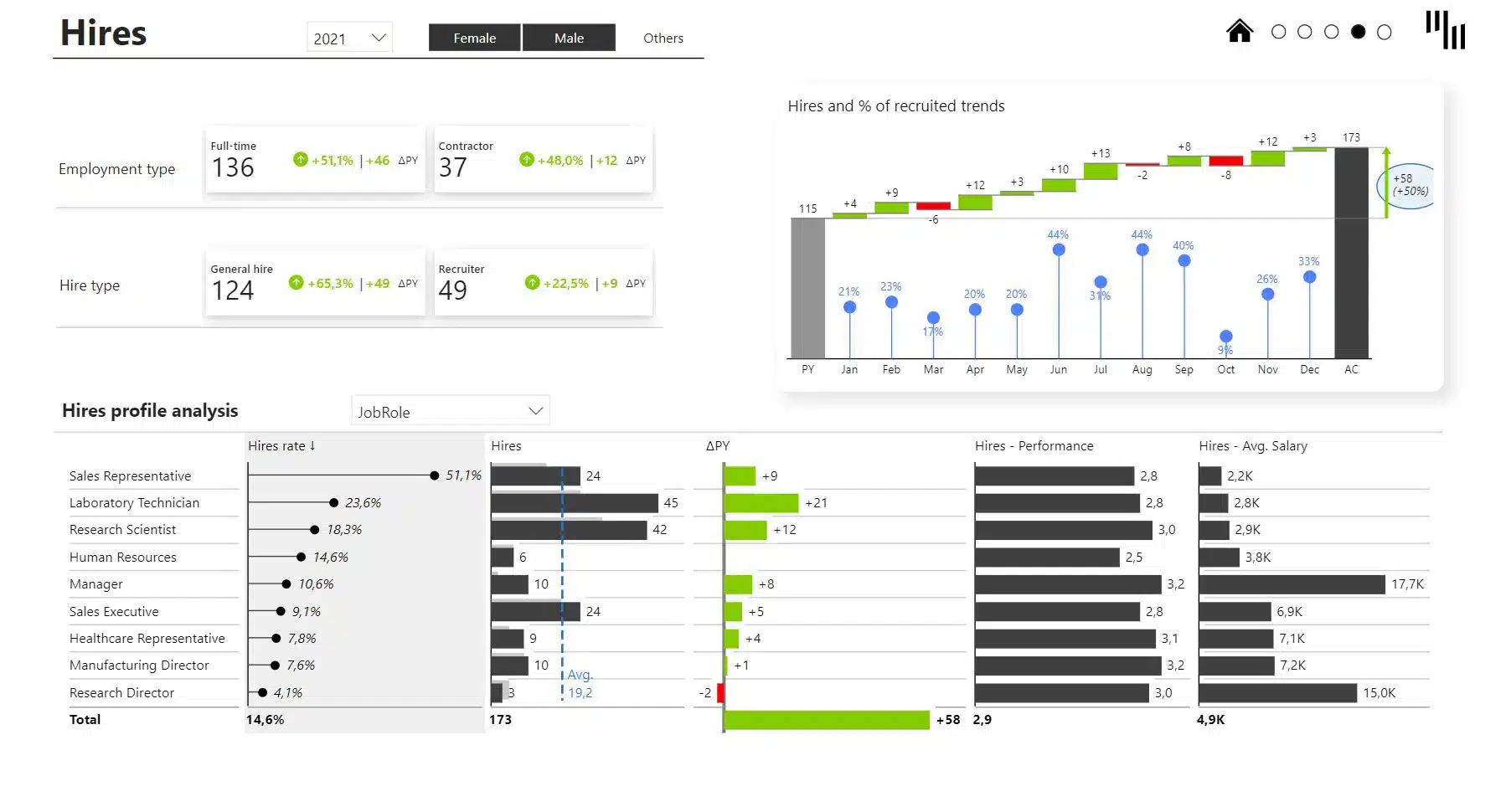 HR analytics Power BI dashboard template showcasing hires