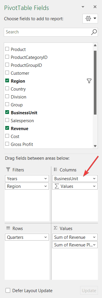 Adding the business unit category to your "PivotTable Fields"