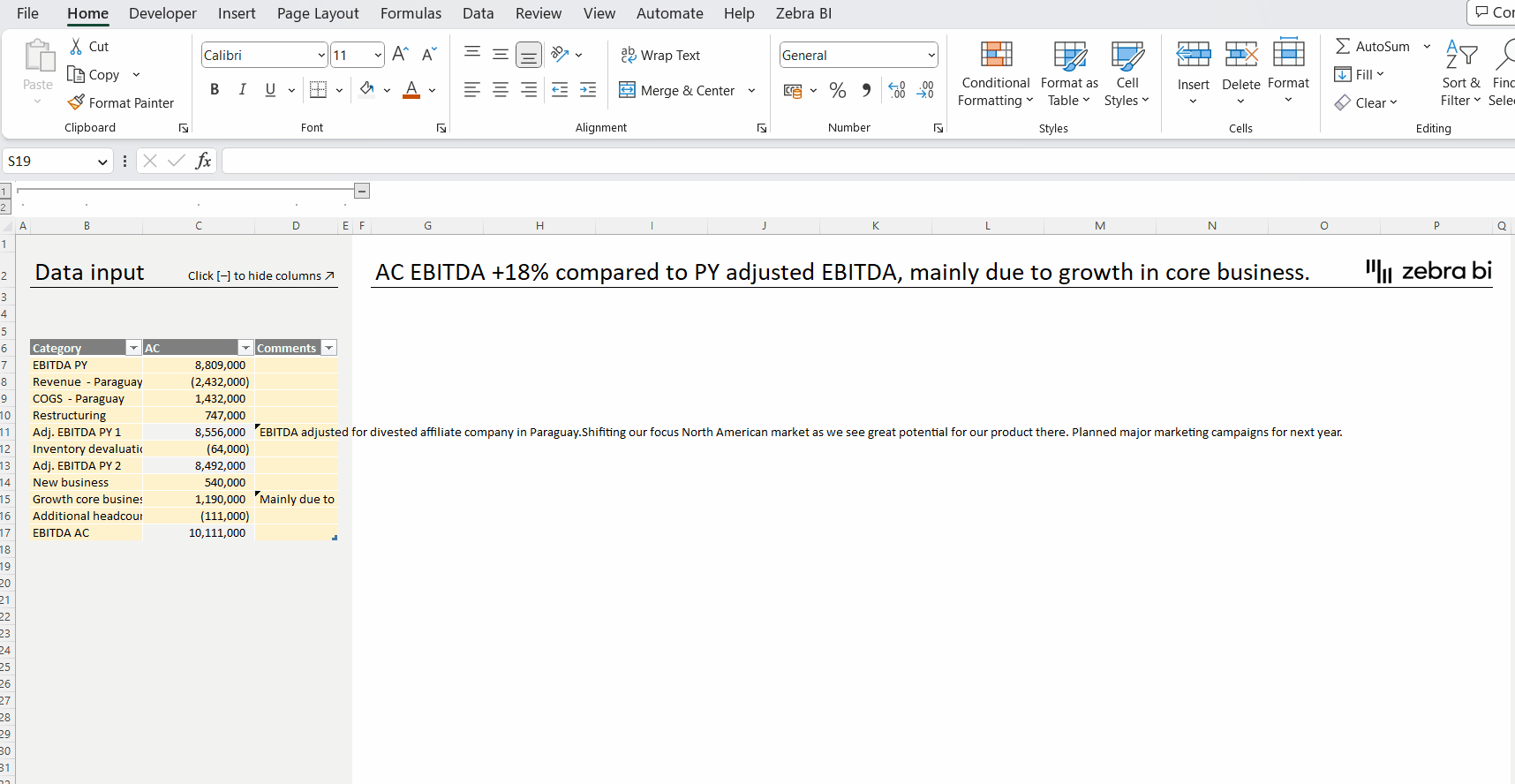 Adjusted financial statements, adjusted EBITDA - how to show adjustments using Zebra BI for Office