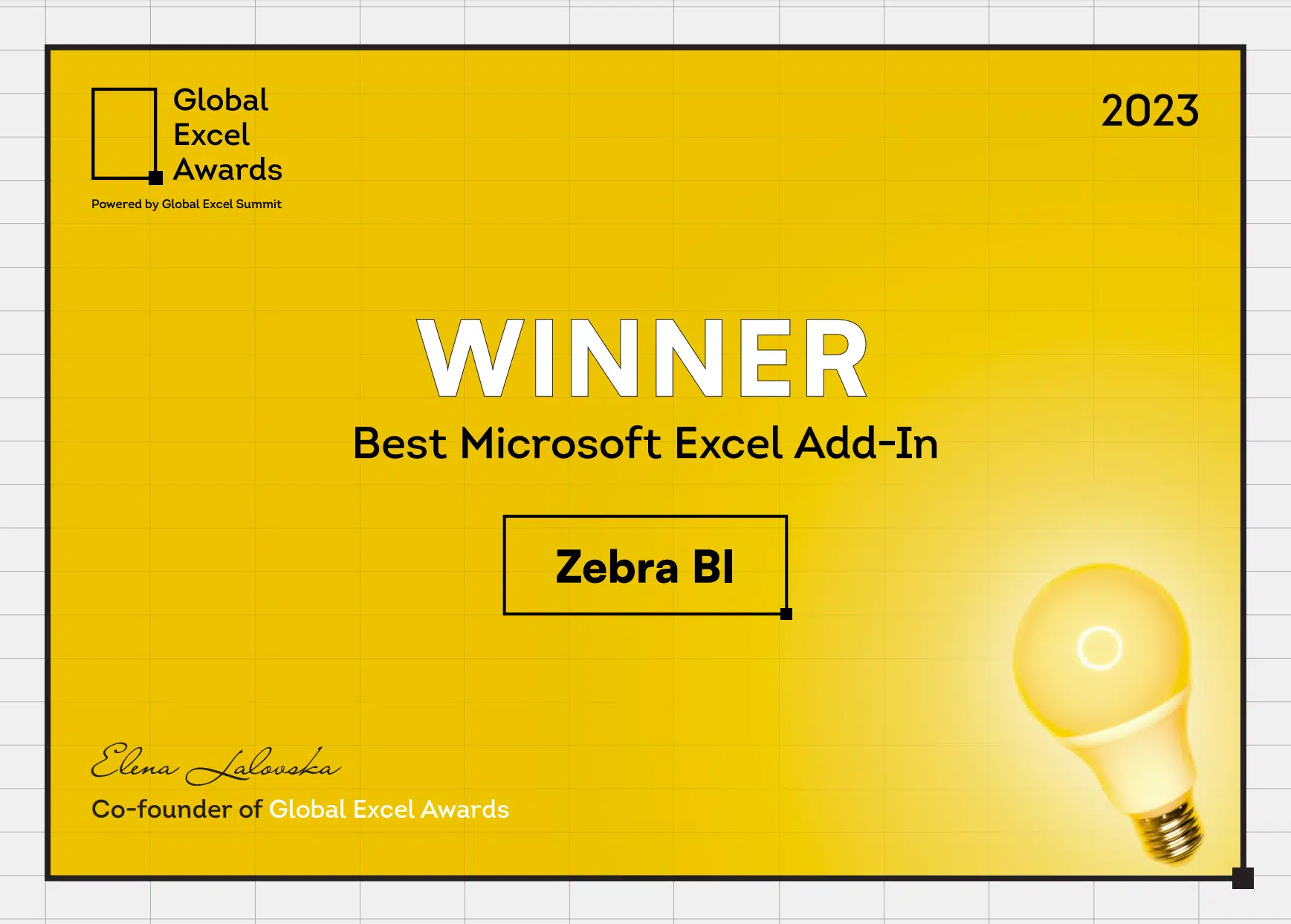 Best Excel add-in certificate won by Zebra BI - at Global Excel Awards powered by Global Excel Summit
