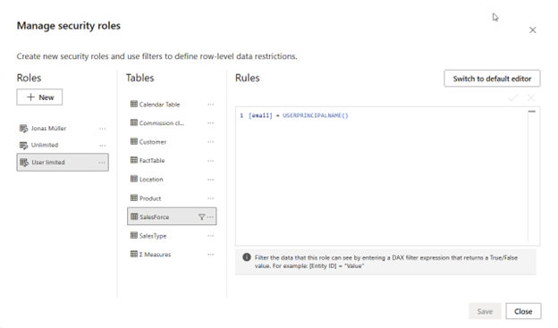 Set and manage roles for Power BI sales reports