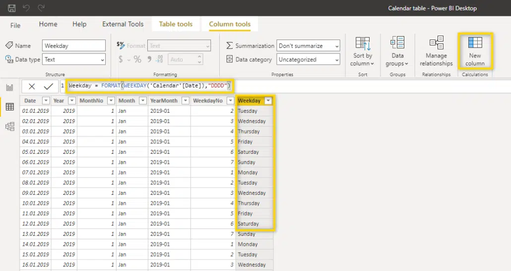 create power bi calendar table with dax - add more columns