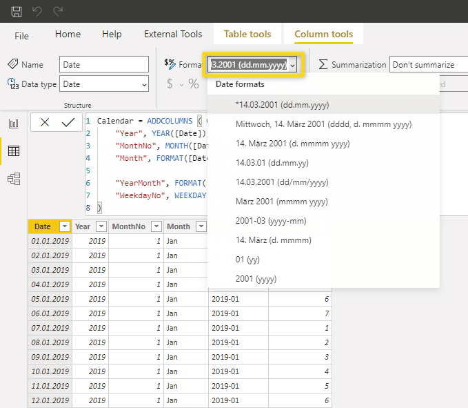 create power bi calendar table with dax - format date column