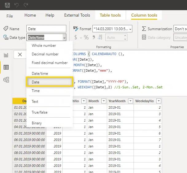 create power bi calendar table with dax - format date column