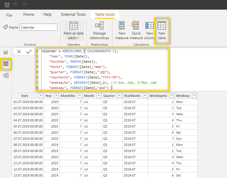 create power bi calendar table with dax - add new table