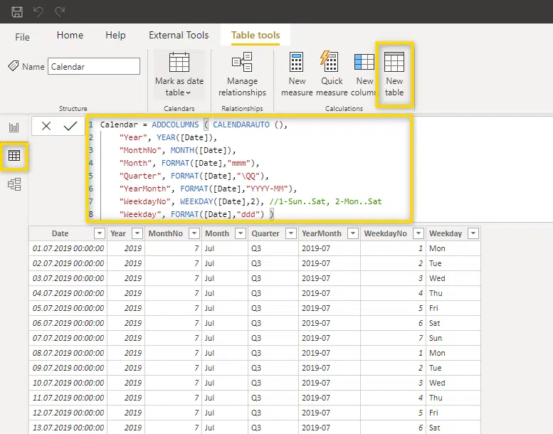 create power bi calendar table with dax - add new table