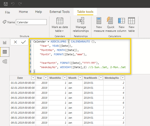 create power bi calendar table with dax - remove columns