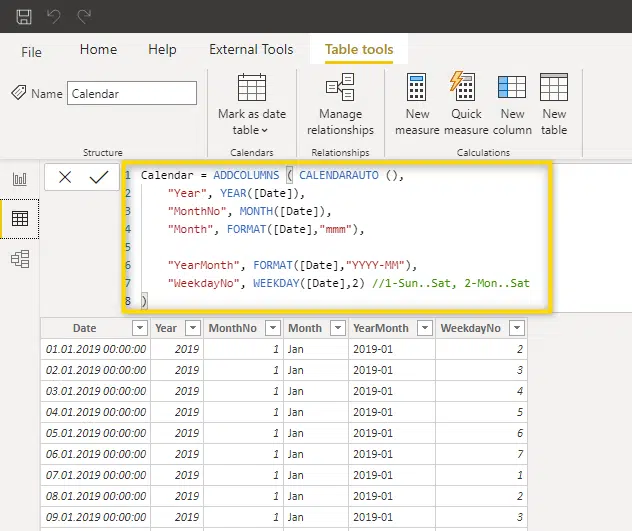 create power bi calendar table with dax - remove columns