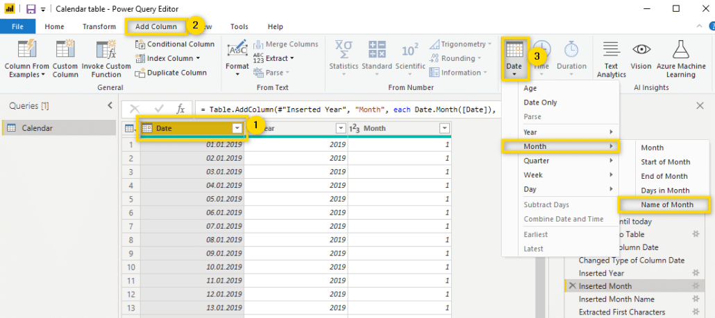 adding month name calendar table power bi