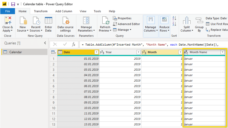 month name calendar table Power BI