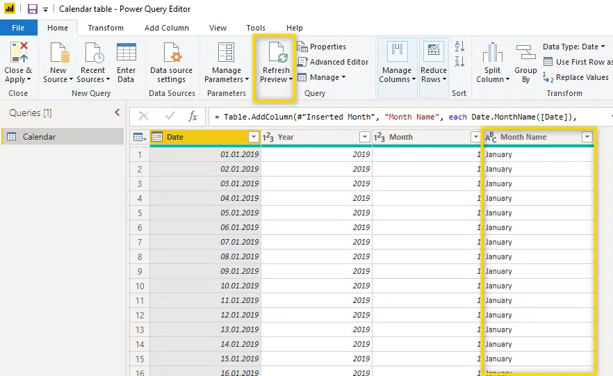 changing language calendar table power bi refresh preview
