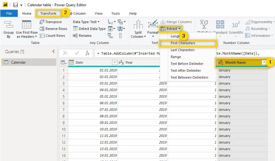 format month name calendar table power bi
