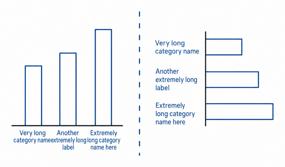Long category labels colliding under columns, compared with the same values as a horizontal bar chart