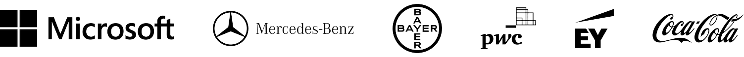 Microsoft, Mercedes-Benz, Bayer, PwC, EY and Coca-Cola logos in a single row