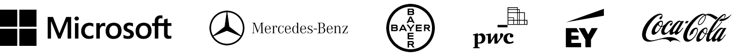 Microsoft, Mercedes-Benz, Bayer, PwC, EY and Coca-Cola logos in a single row